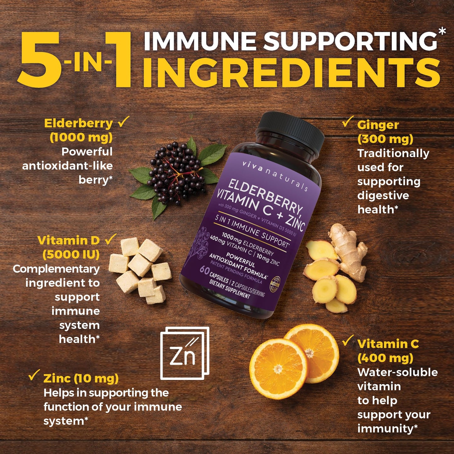 Viva Naturals Black Elderberry 1000mg with Vitamin C, D3 5000 IU & Zinc - 5-in-1 Immune Support Sambucus Elderberry Capsules with Ginger, 60 Capsules