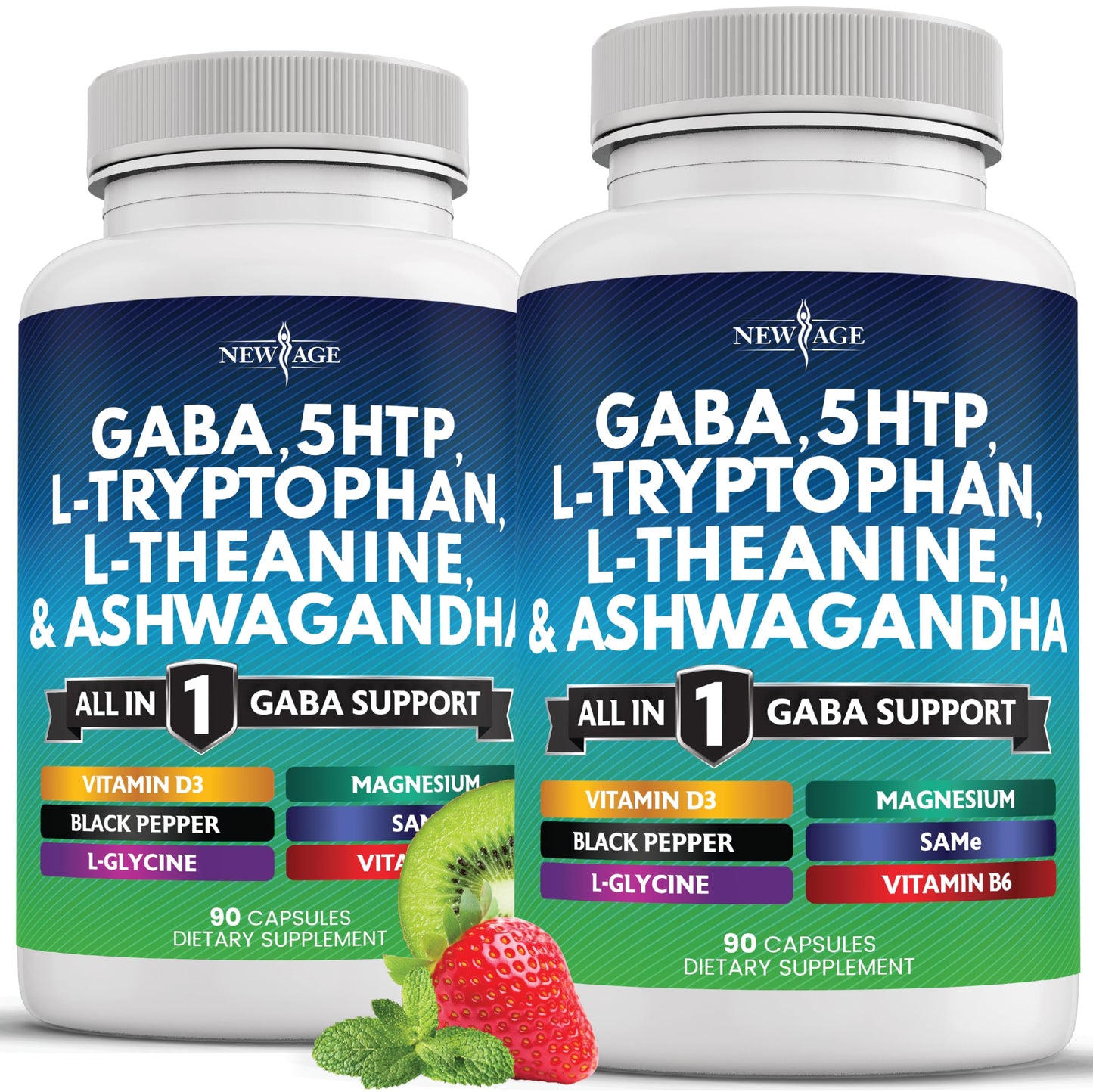 NEW AGE GABA 750mg 5-HTP 200mg L-Tryptophan 500mg L-Theanine 200mg Ashwagandha SAM-e L-Glycine Capsules 180