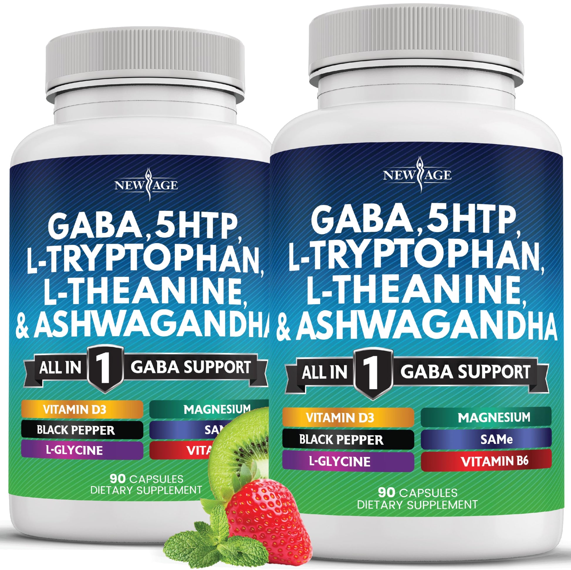 NEW AGE GABA 750mg 5-HTP 200mg L-Tryptophan 500mg L-Theanine 200mg Ashwagandha SAM-e L-Glycine Capsules 180