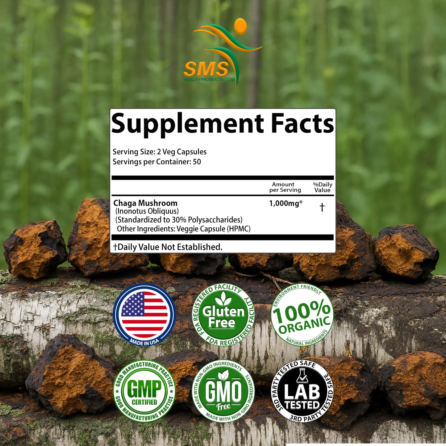 SMSHEALTHPRODUCTS.com Chaga Mushroom Capsules 100 Veggie Caps
