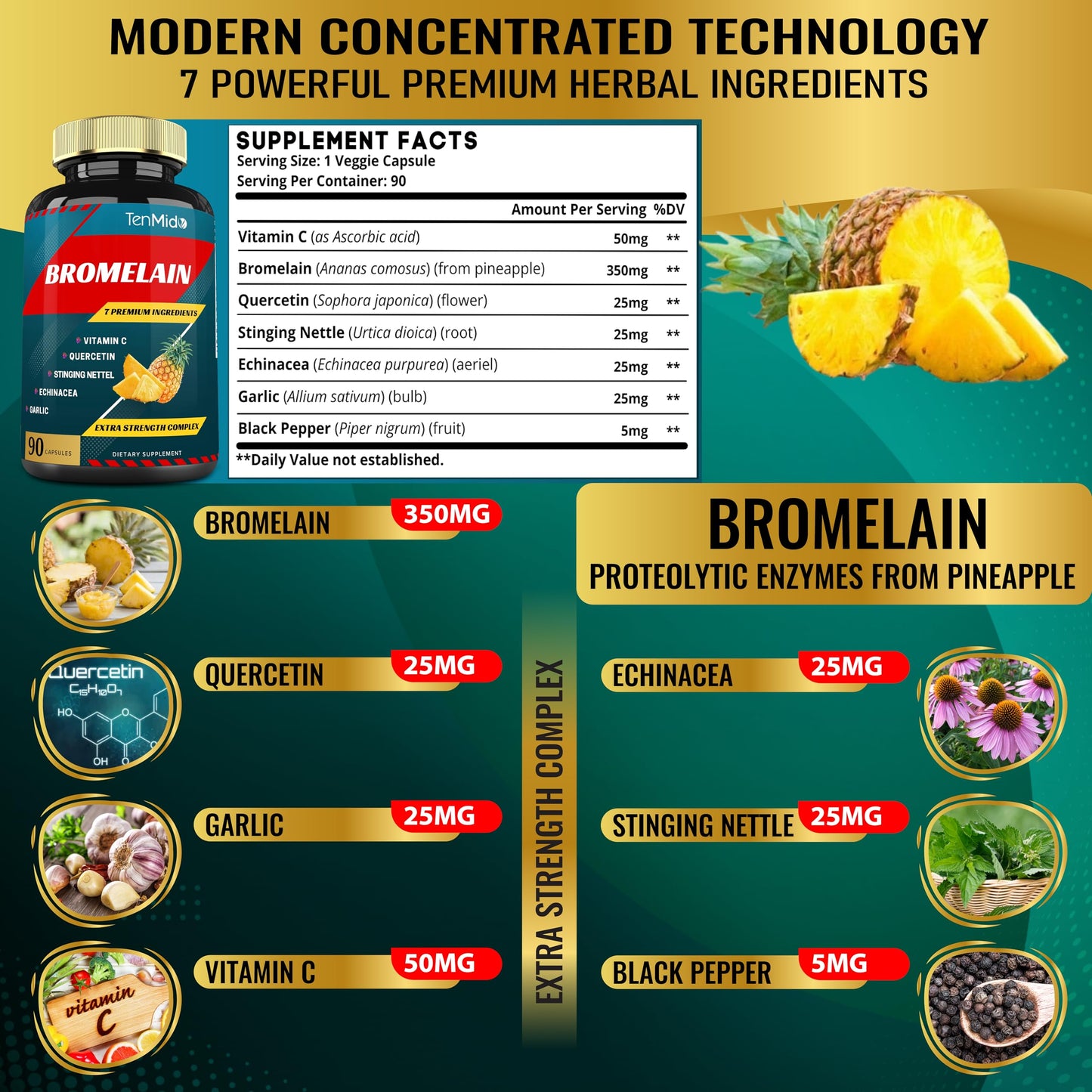 Tenmido Bromelain Extract Capsules, 90 Capsules