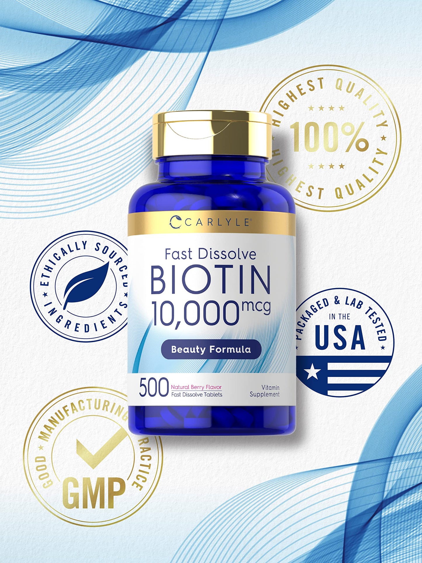 Carlyle Biotin 10,000 mcg Fast Dissolve Tablets, 500 Count