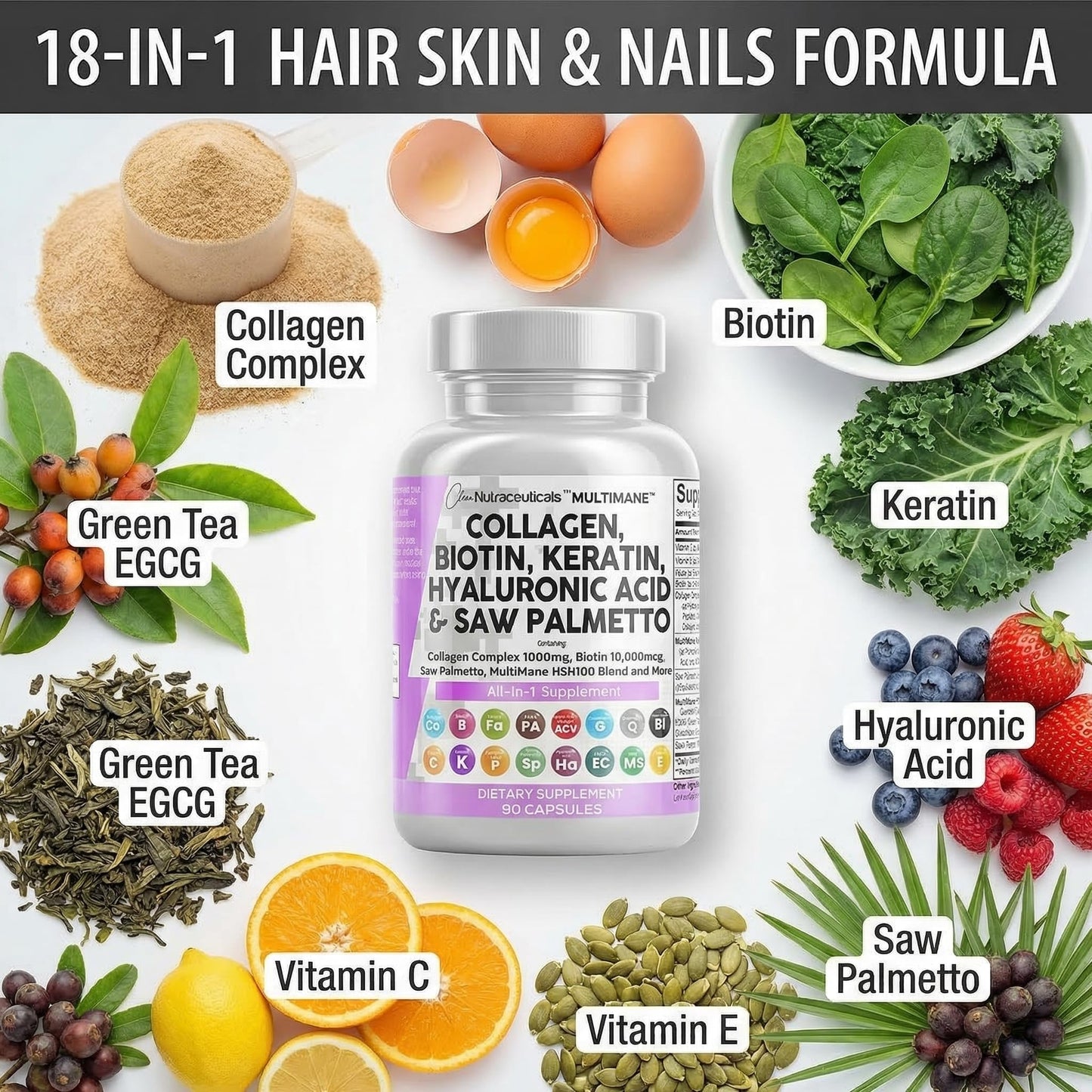 Clean Nutraceuticals Biotin 10000mcg Collagen Capsules for Hair, Skin & Nails, 90 Count