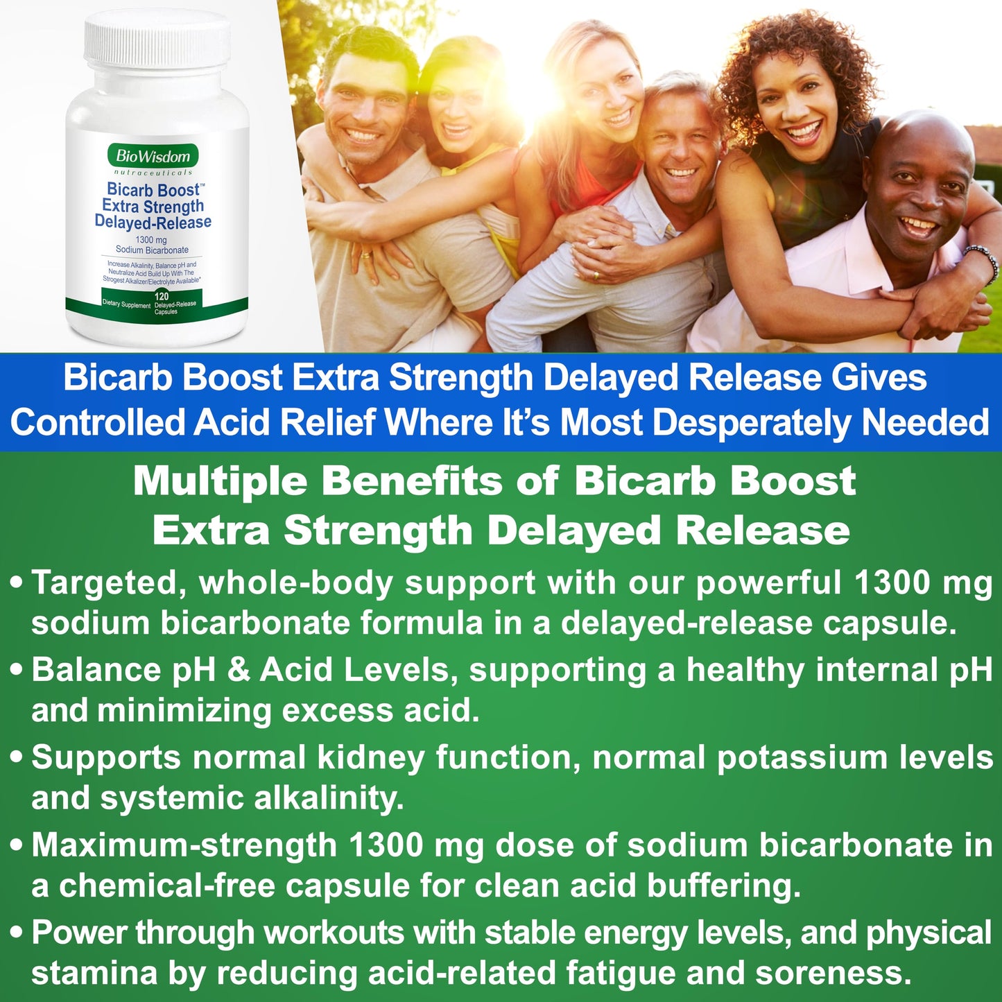 BioWisdom Nutraceuticals Bicarb Boost Sodium Bicarbonate Capsules Extra Strength 1300mg Delayed-Release, 120 Capsules
