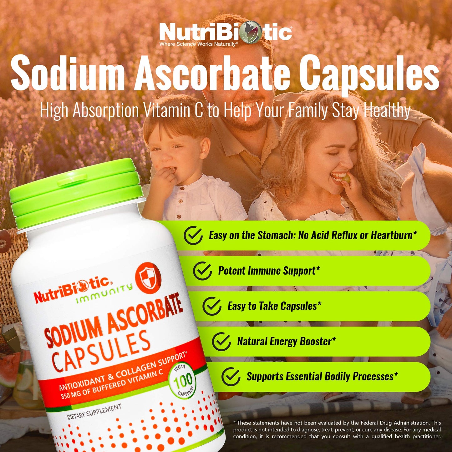 NutriBiotic Sodium Ascorbate Buffered Vitamin C Capsules, 100 Capsules