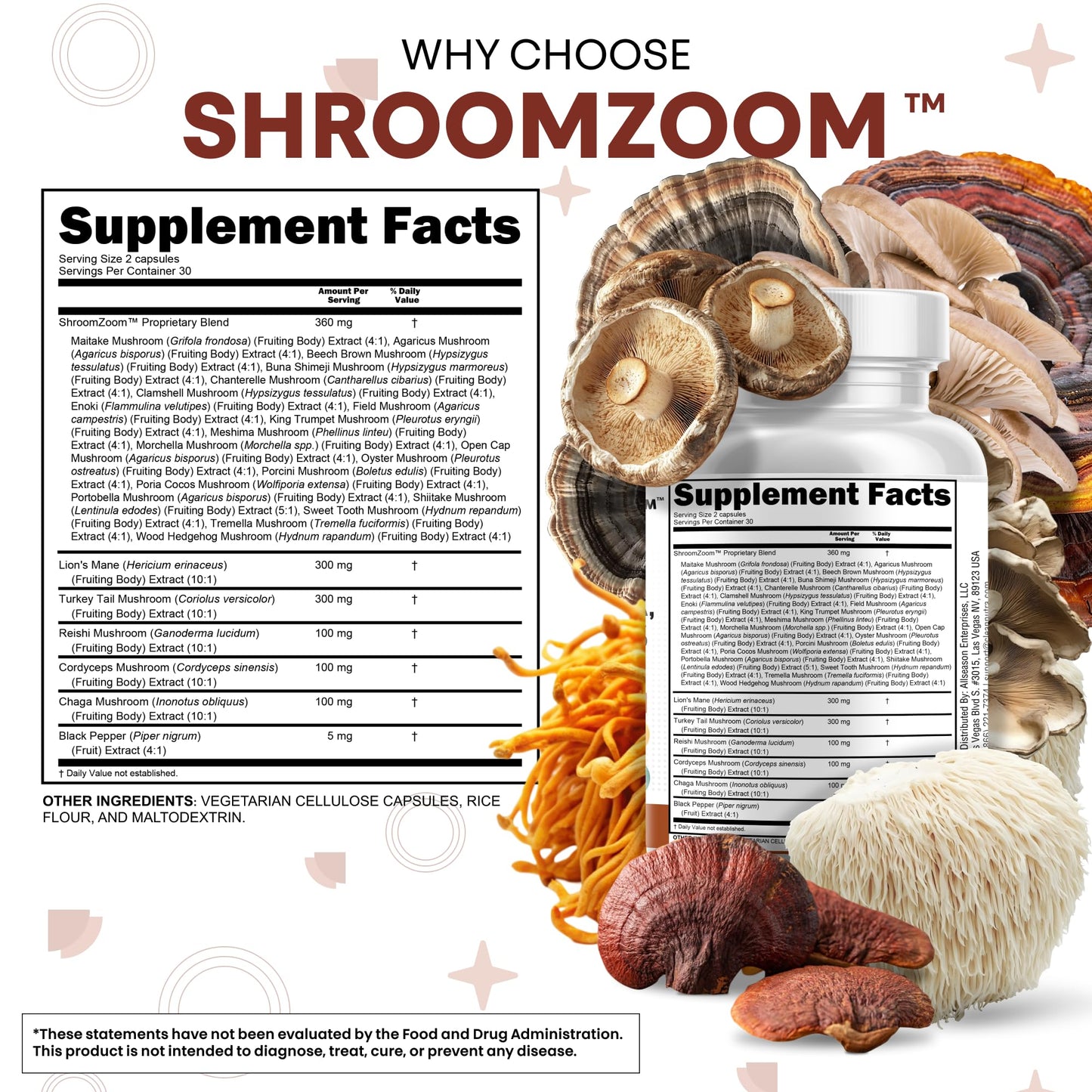 Clean Nutraceuticals Lions Mane 20in1 Mushroom Supplement with Turkey Tail Reishi Cordyceps Chaga Maitake Meshima Poria Cocos Shiitake Oyster Porcini Enoki Capsules, 60 Count