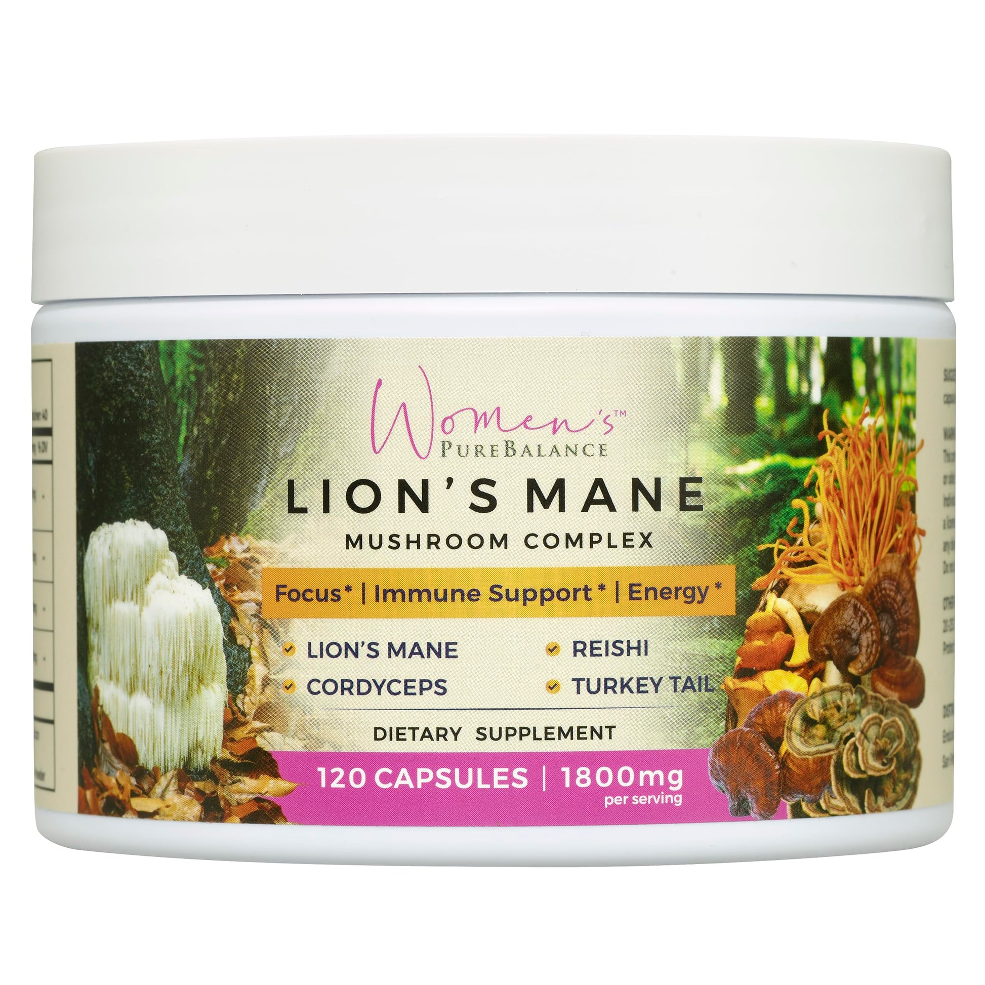 Women's PureBalance Lion's Mane Mushroom Supplement Capsules with Reishi, Cordyceps, Turkey Tail – Brain Nootropic for Memory, Focus, Natural Energy, & Immune Support, Non-GMO, 120 Capsules