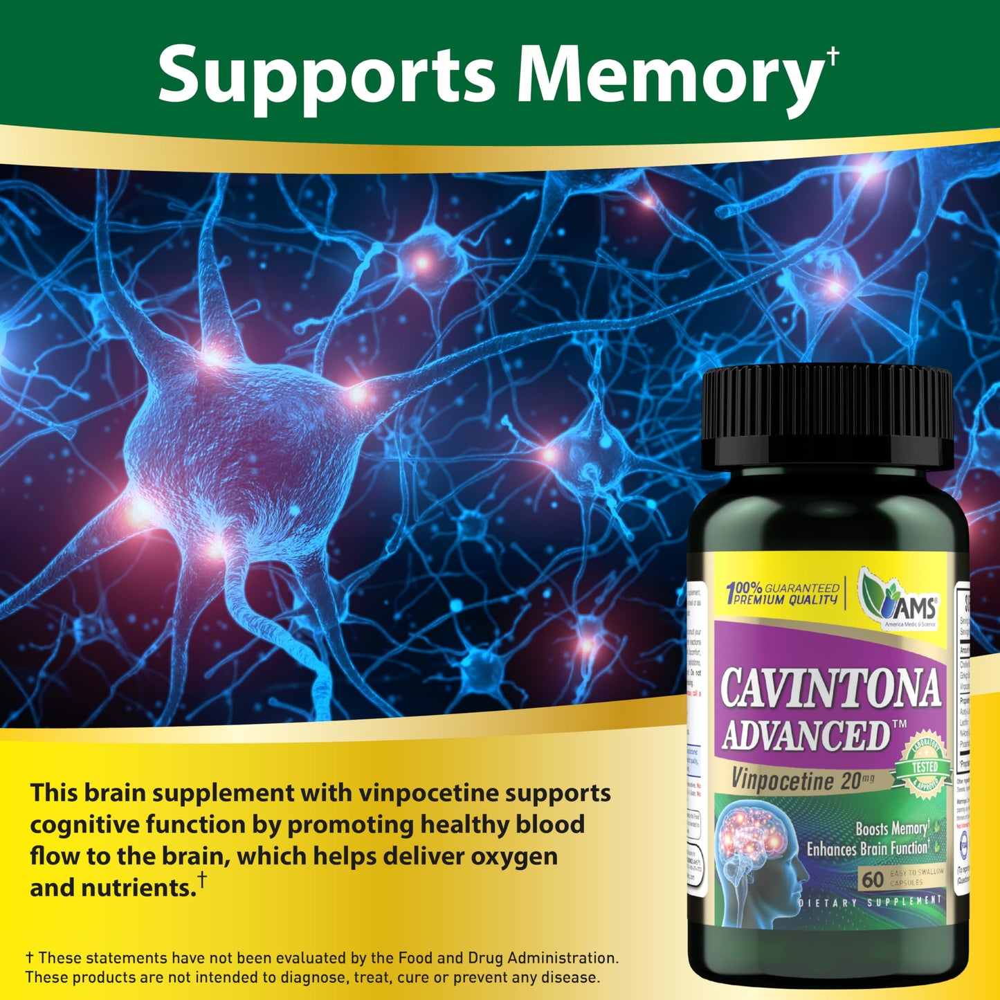 America Medic & Science Cavintona Advanced Supplement – Vinpocetine 20mg for Memory, Recall & Brain Health – Supports Cognitive Function, Focus, Mental Clarity & Blood Flow, Capsule, 60 Count