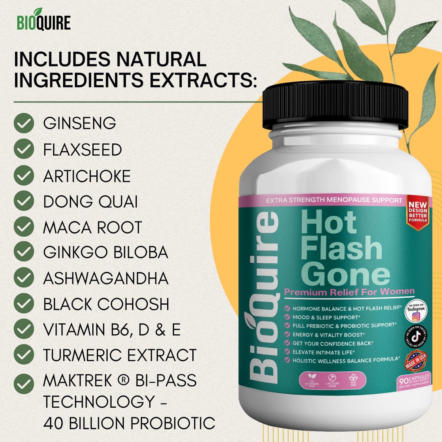 BIOQUIRE Hot Flash Gone – Menopause Support for Women Capsule, 90 Capsules