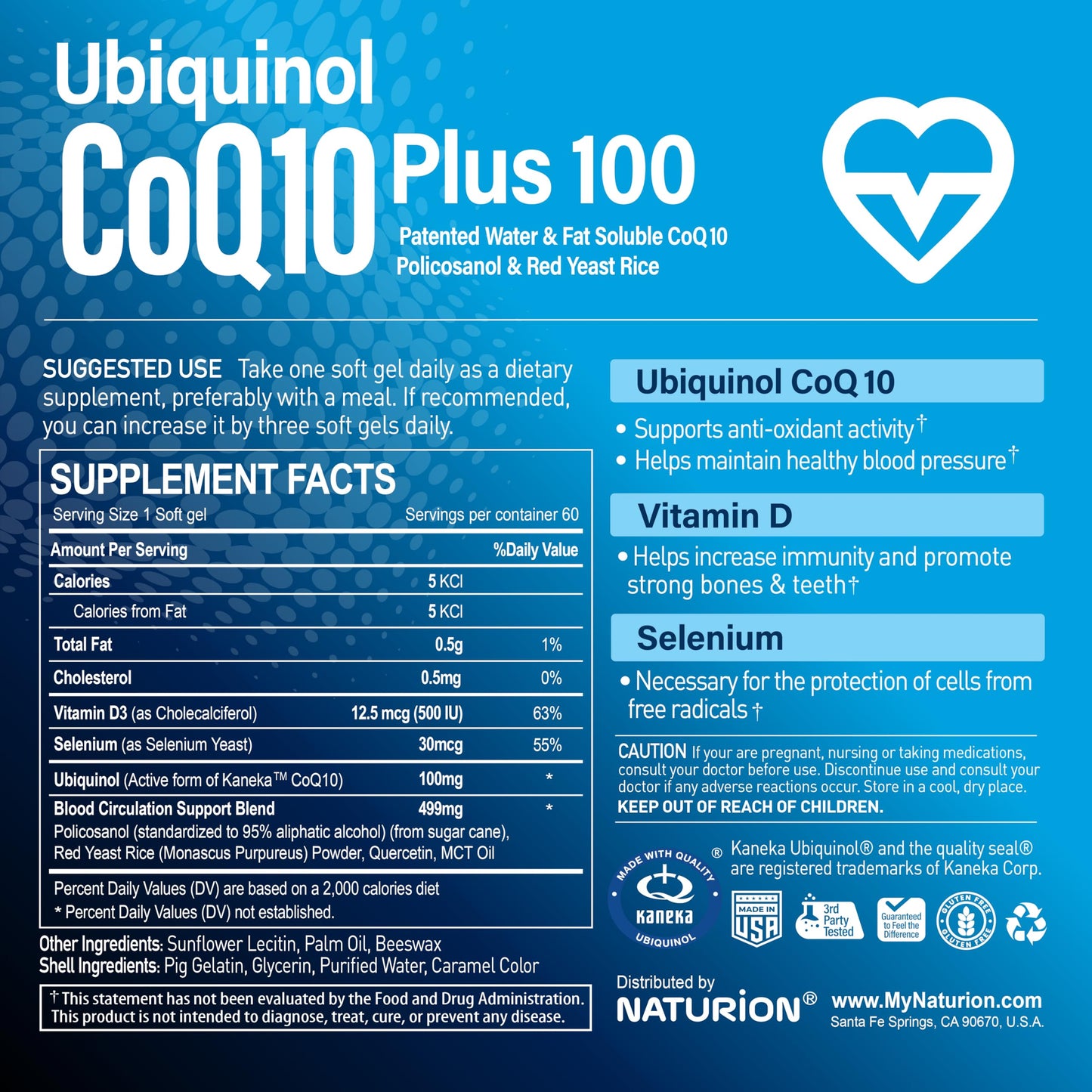 NATURION Ubiquinol CoQ10 Plus 100 – Kaneka Ubiquinol, Vitamin D3, Selenium, Circulation Support Blend, 60 Softgels
