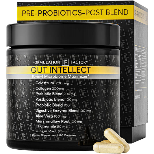 Formulation Factory Probiotics for Women & Men - Gut Intellect 10-in-1 Digestive Enzymes with Prebiotics and Postbiotics - Total Gut Health Supplement - 120 Capsules