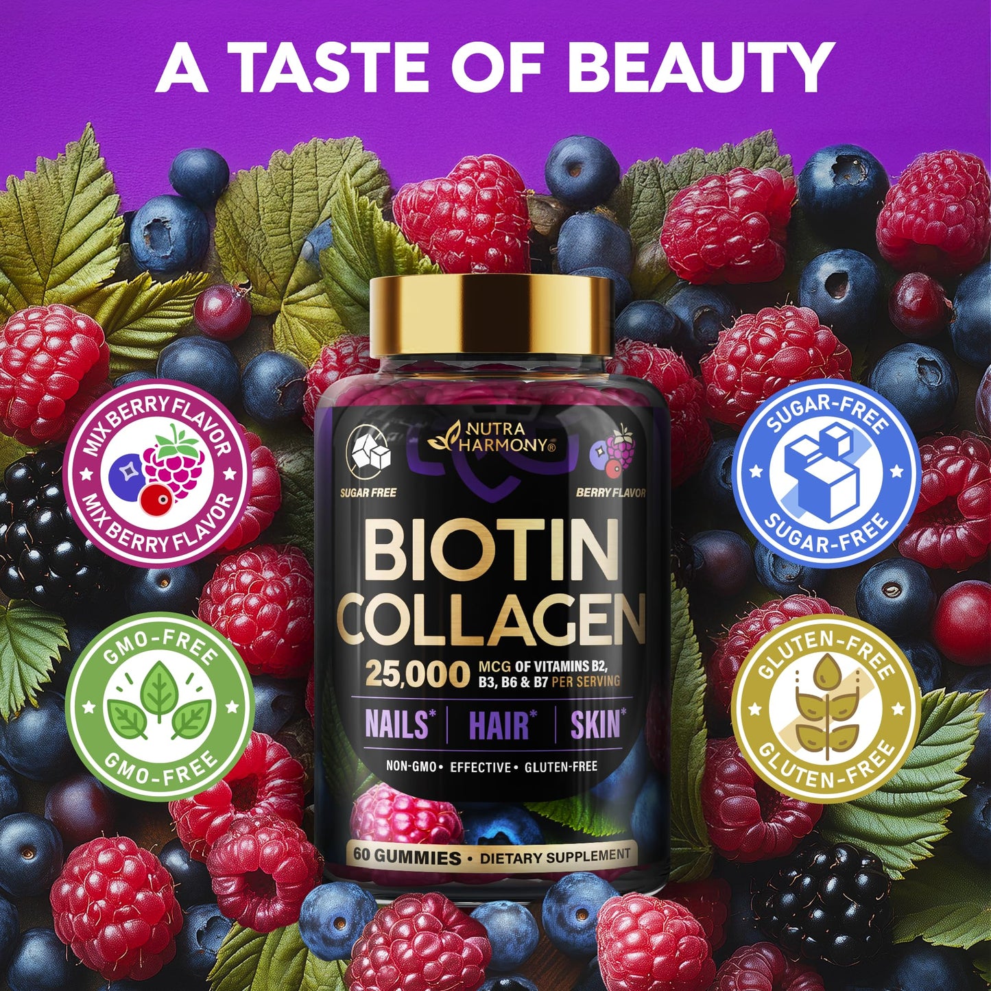 NUTRAHARMONY Biotin Gummies for Hair Growth Support Berry, 60 Gummies