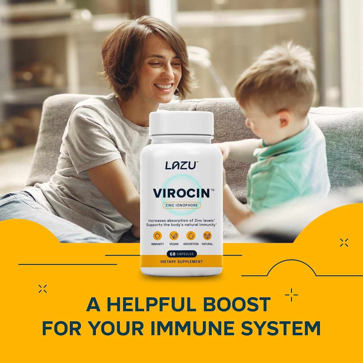 LAZU Virocin Zinc Supplements Ionophore Complex with Zinc, Quercetin, Vitamin C & Vitamin D3, Immune Support for Men & Women, Vegan Capsules, 60 Count