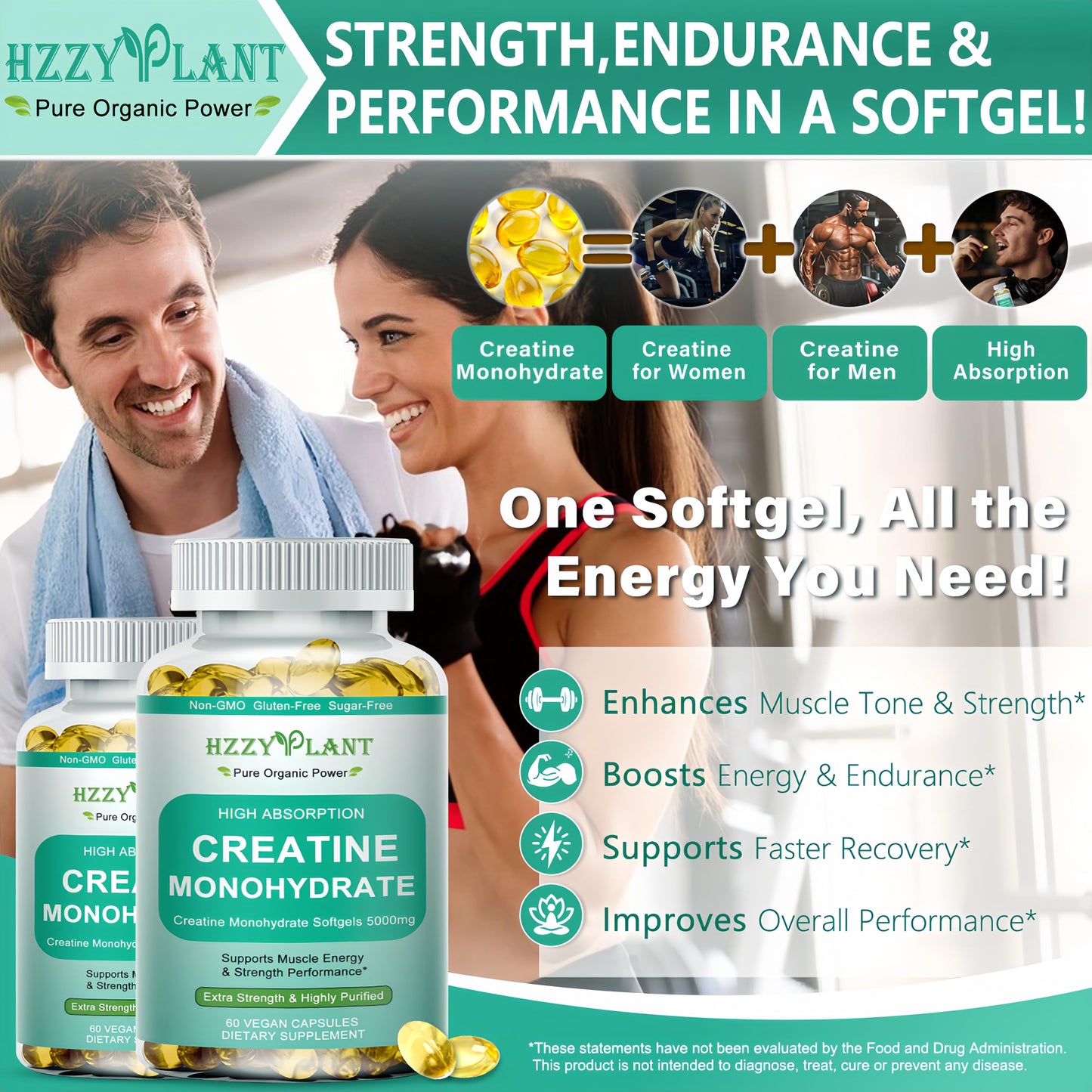HZZYPLANT Creatine Monohydrate 5000mg Softgels 60 Count