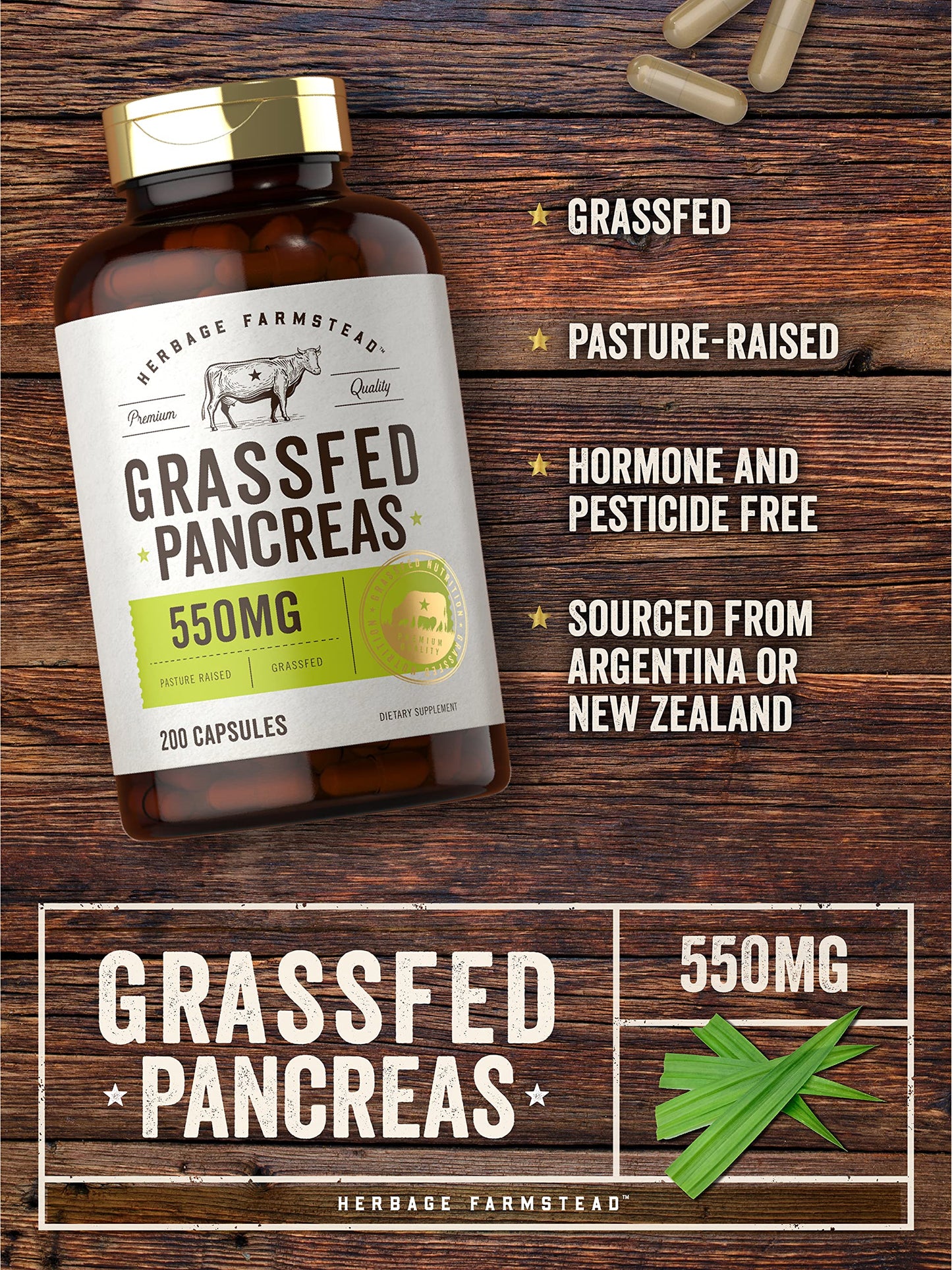 Carlyle Grass Fed Beef Pancreas 550mg Capsules, 200 Count