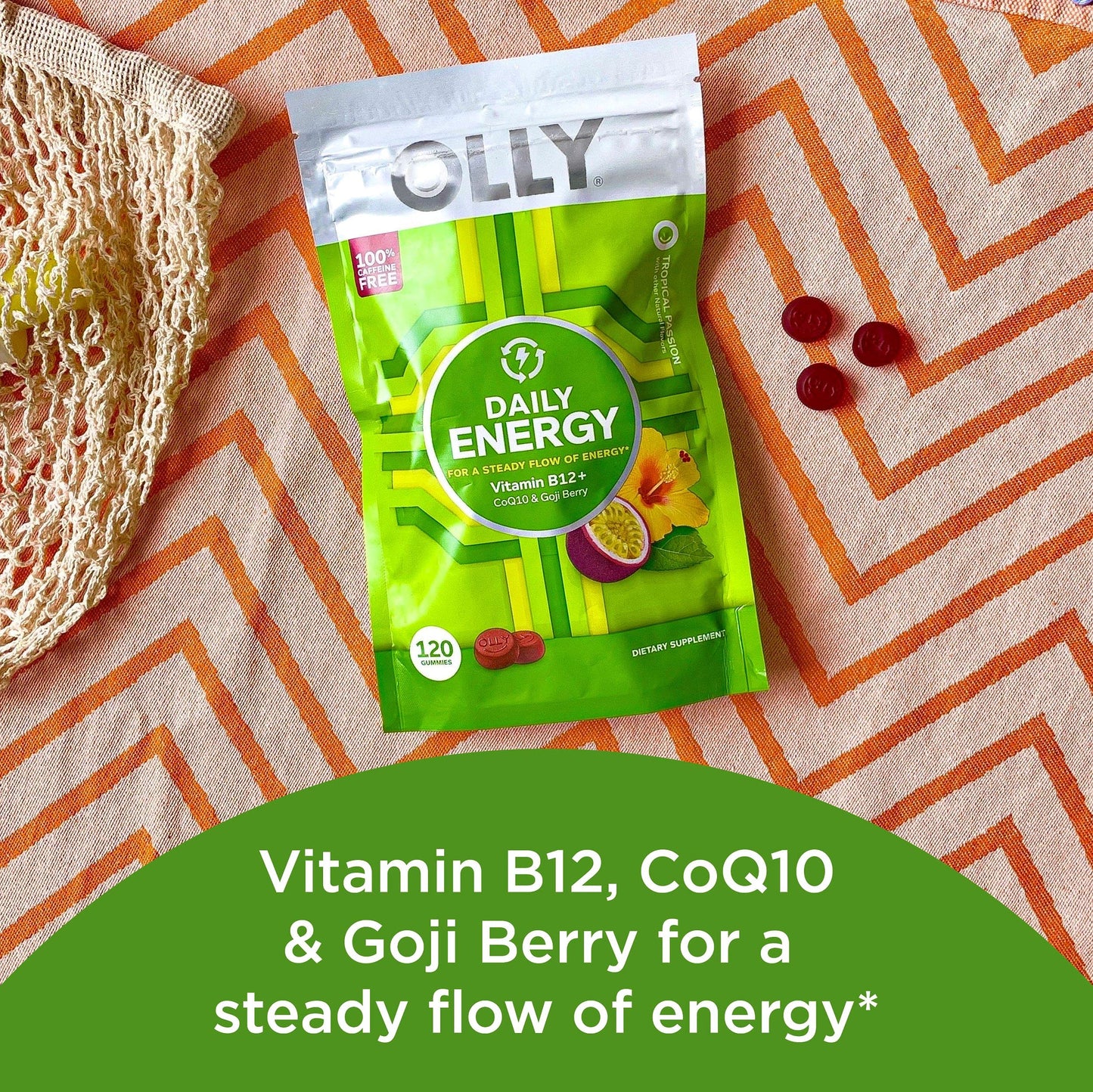 OLLY Daily Energy Gummy, Caffeine Free, Vitamin B12, CoQ10, Goji Berry, Adult Chewable Supplement, Tropical Flavor, 120 Count