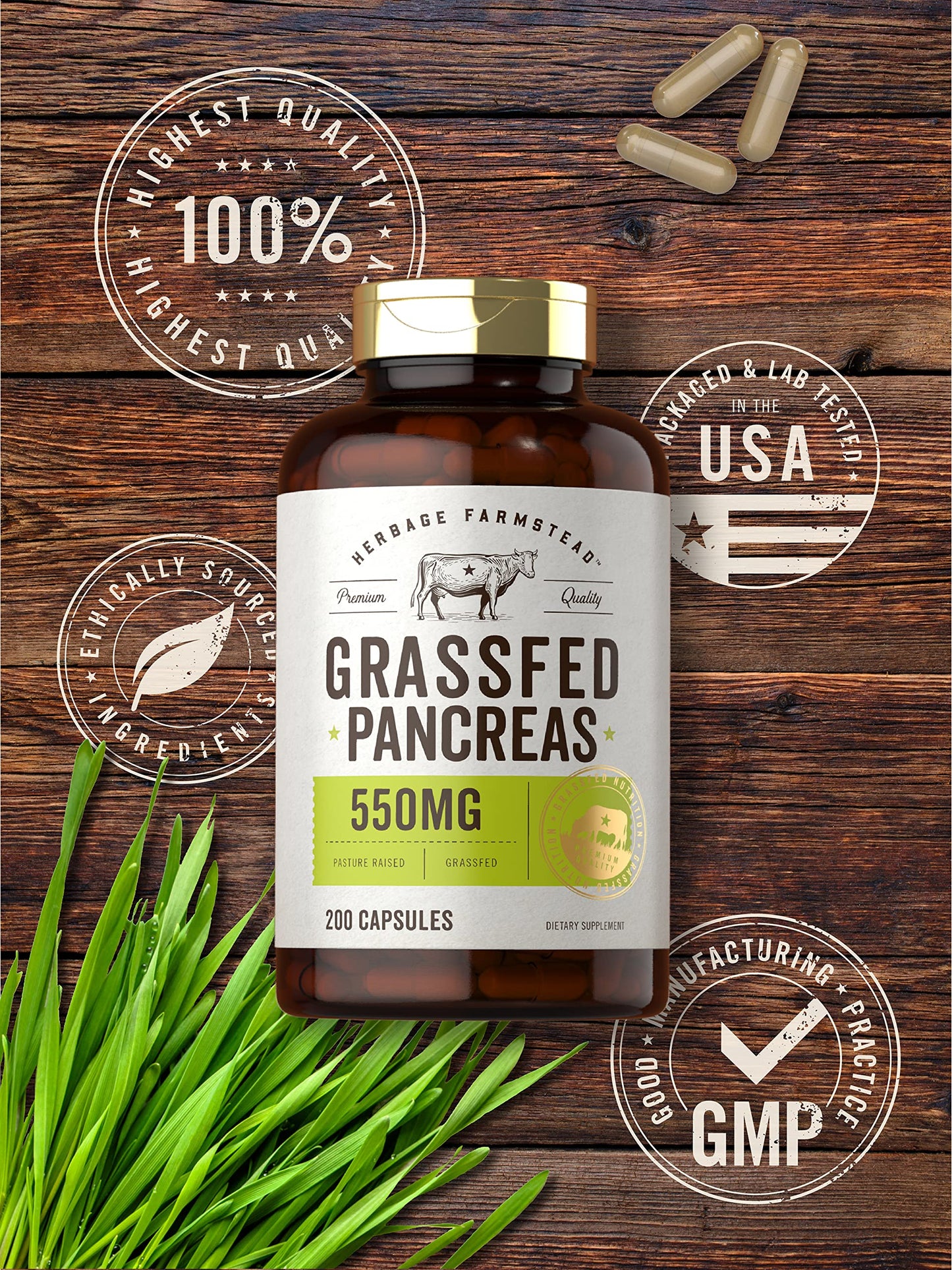 Carlyle Grass Fed Beef Pancreas 550mg Capsules, 200 Count