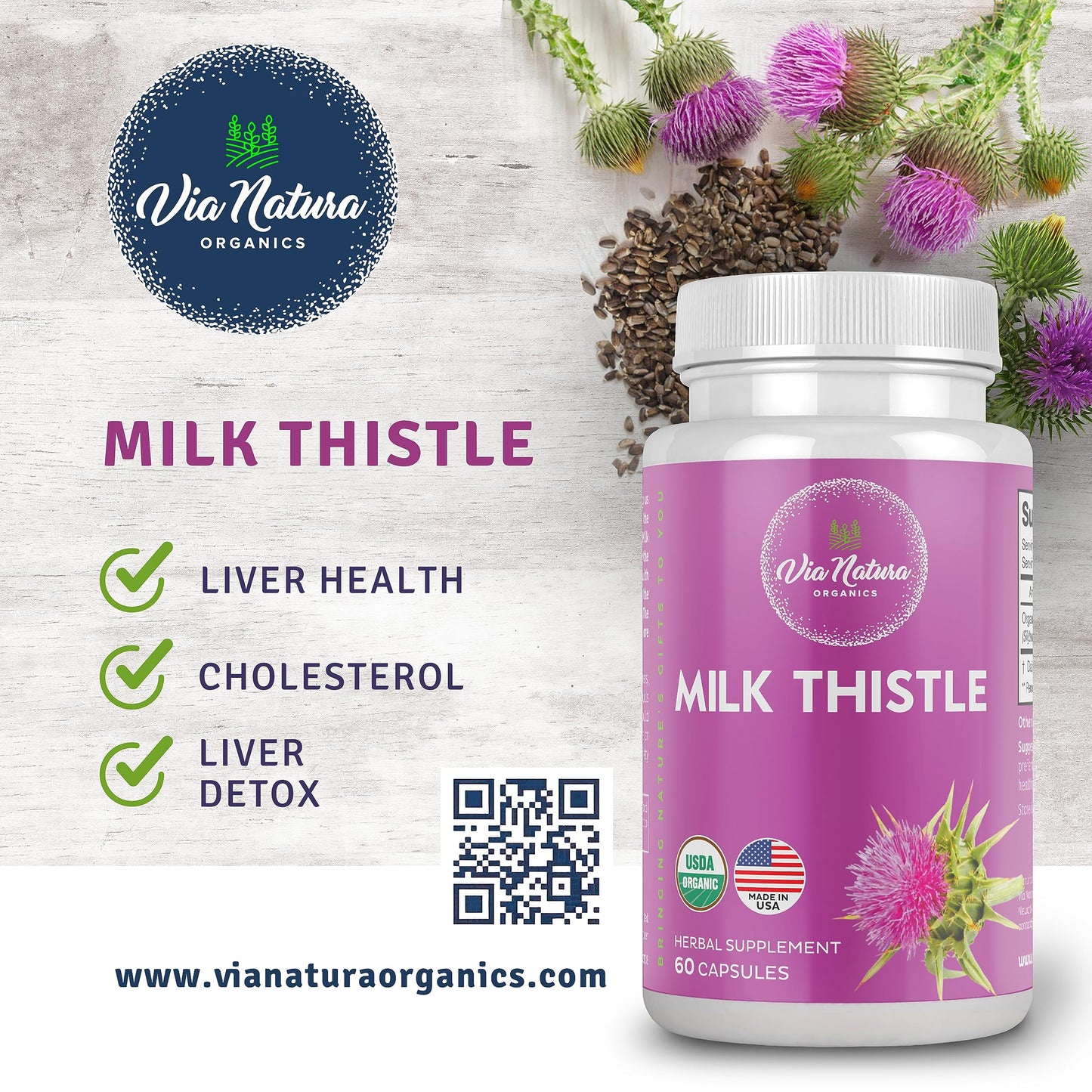 Via Natura Organics Milk Thistle 1000mg, 60 Capsules