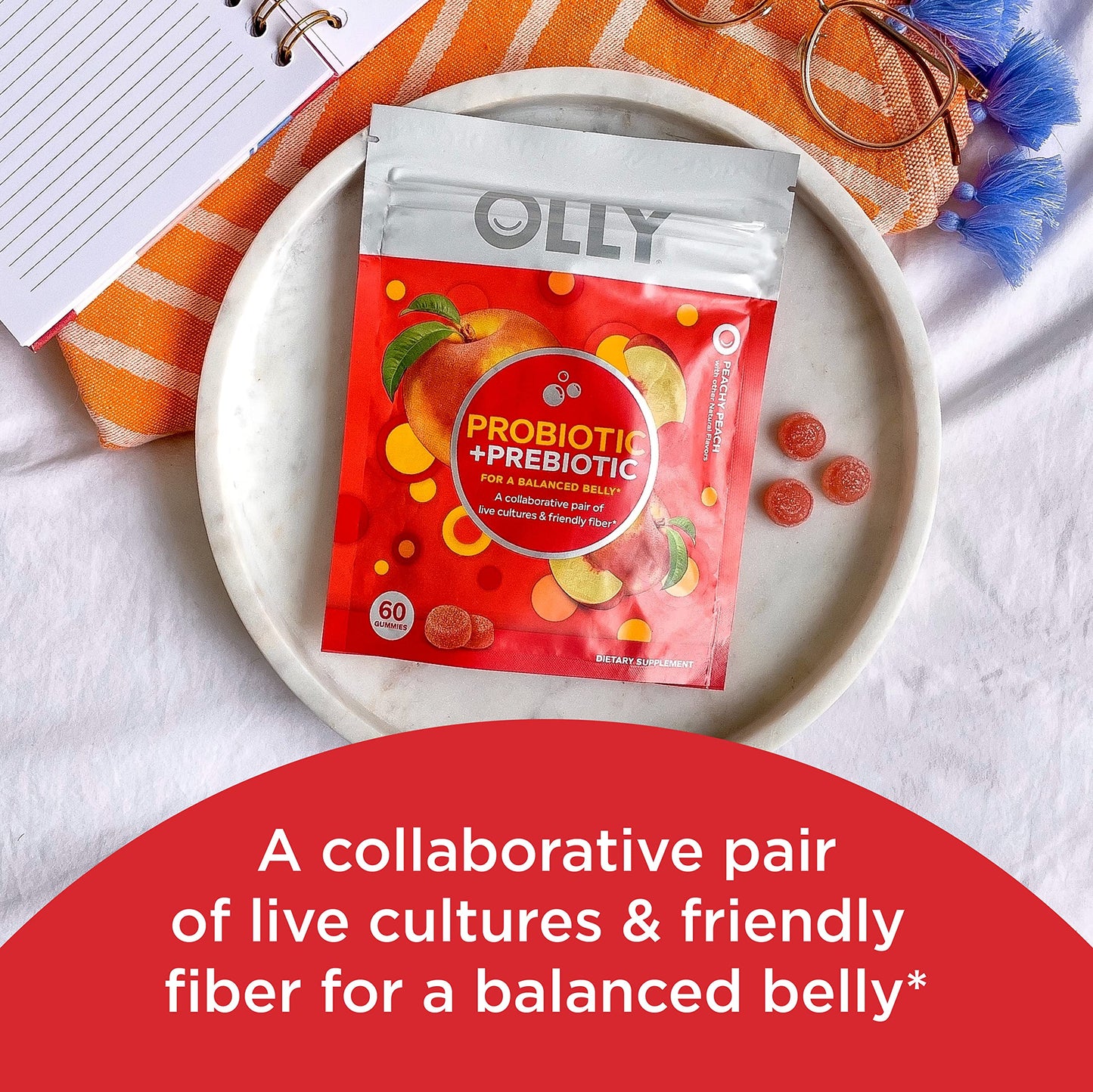 OLLY Probiotic + Prebiotic Gummy Chewable, Digestive Support and Gut Health, 500 Million CFUs, Fiber, 60 Count
