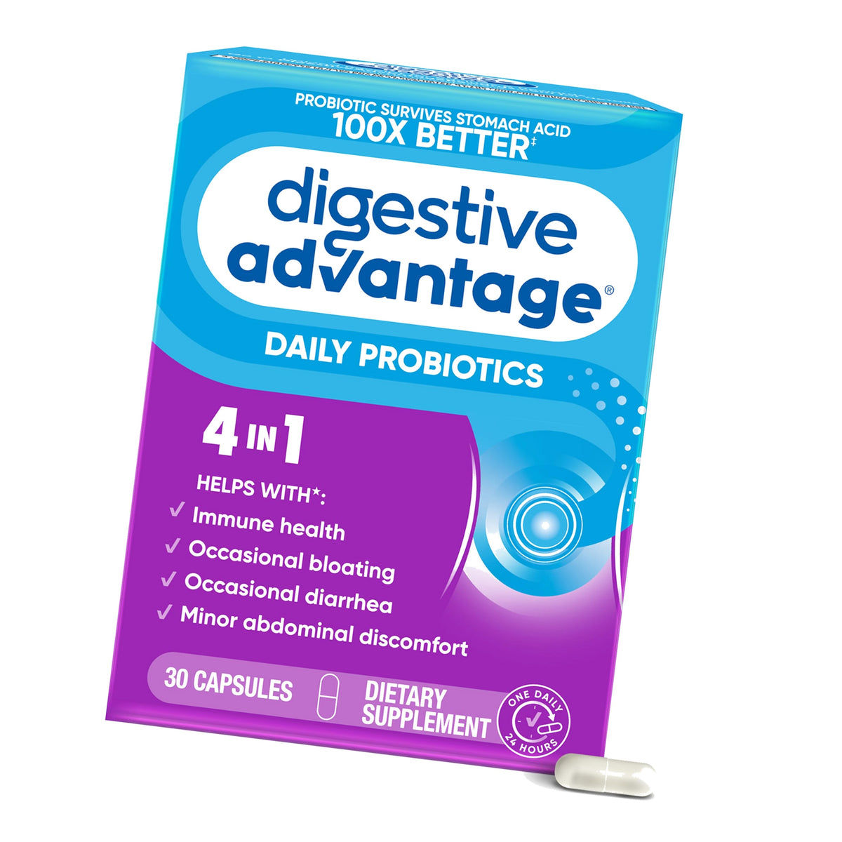 Daily Probiotic Capsule - Digestive Advantage 30 Capsules, Survives 100x Better, Lessens Bloating, Calcium, Promotes Digestive Health and Gut Flora, multi