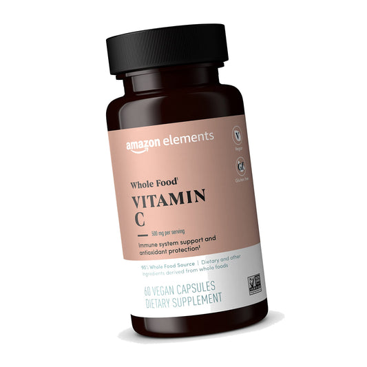 Amazon Elements - Whole Food Vitamin C, 95% Whole Food Source, Dietary and other ingredients derived from whole foods, Non-GMO verified ingredients, vegan certified, and gluten free, 60 capsules