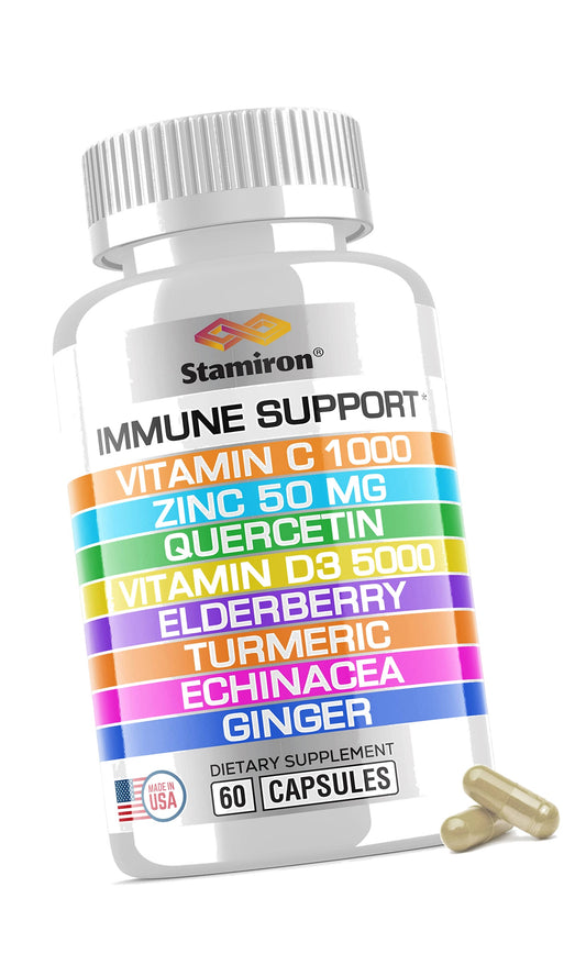 8 in 1 Immune Support with Quercetin Zinc 50mg Vitamin C 1000mg Vitamin D3 5000 IU and Elderberry Ec