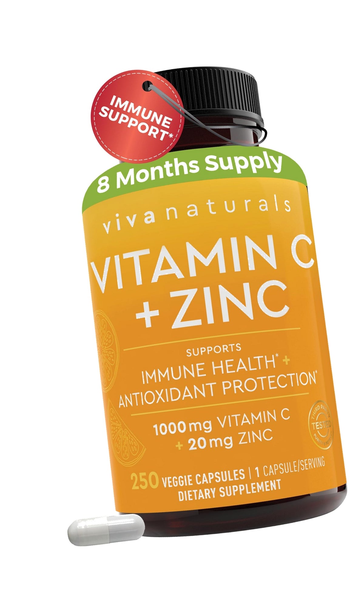 Viva Naturals Vitamin C and Zinc Supplements 1000mg - Zinc 20mg (250 Veggie Capsules) - High-Potency