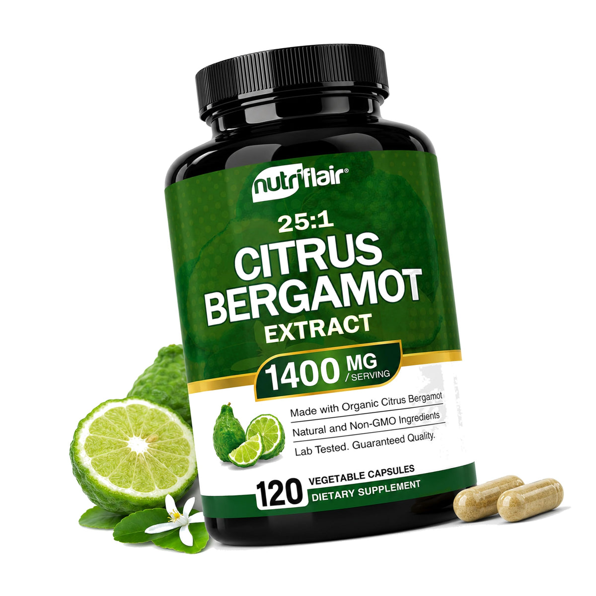 NutriFlair Organic Citrus Bergamot 1400mg, 120 Capsules - 25:1 Bergamia - Essential Oil and Citrus B
