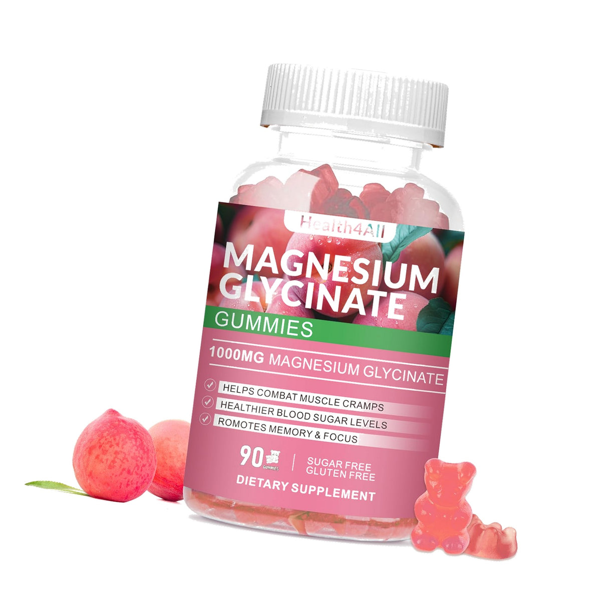 Magnesium Glycinate Gummies 1000mg, High Absorption Sugar Free Magnesium Potassium Supplement for Relaxation, Stress Relief, and Sleep Support for Adults & Kids - 90 Peach Gummies
