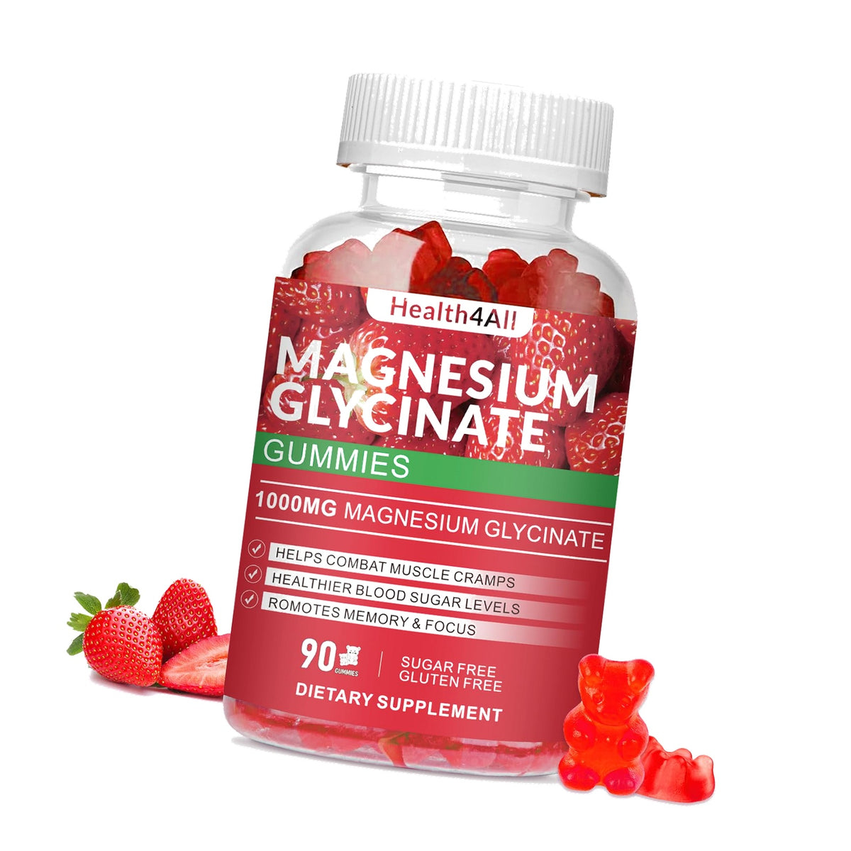 Magnesium Glycinate Gummies 1000mg, High Absorption Sugar Free Magnesium Potassium Supplement for Relaxation, Stress Relief, and Sleep Support for Adults & Kids - 90 Strawberry Gummies