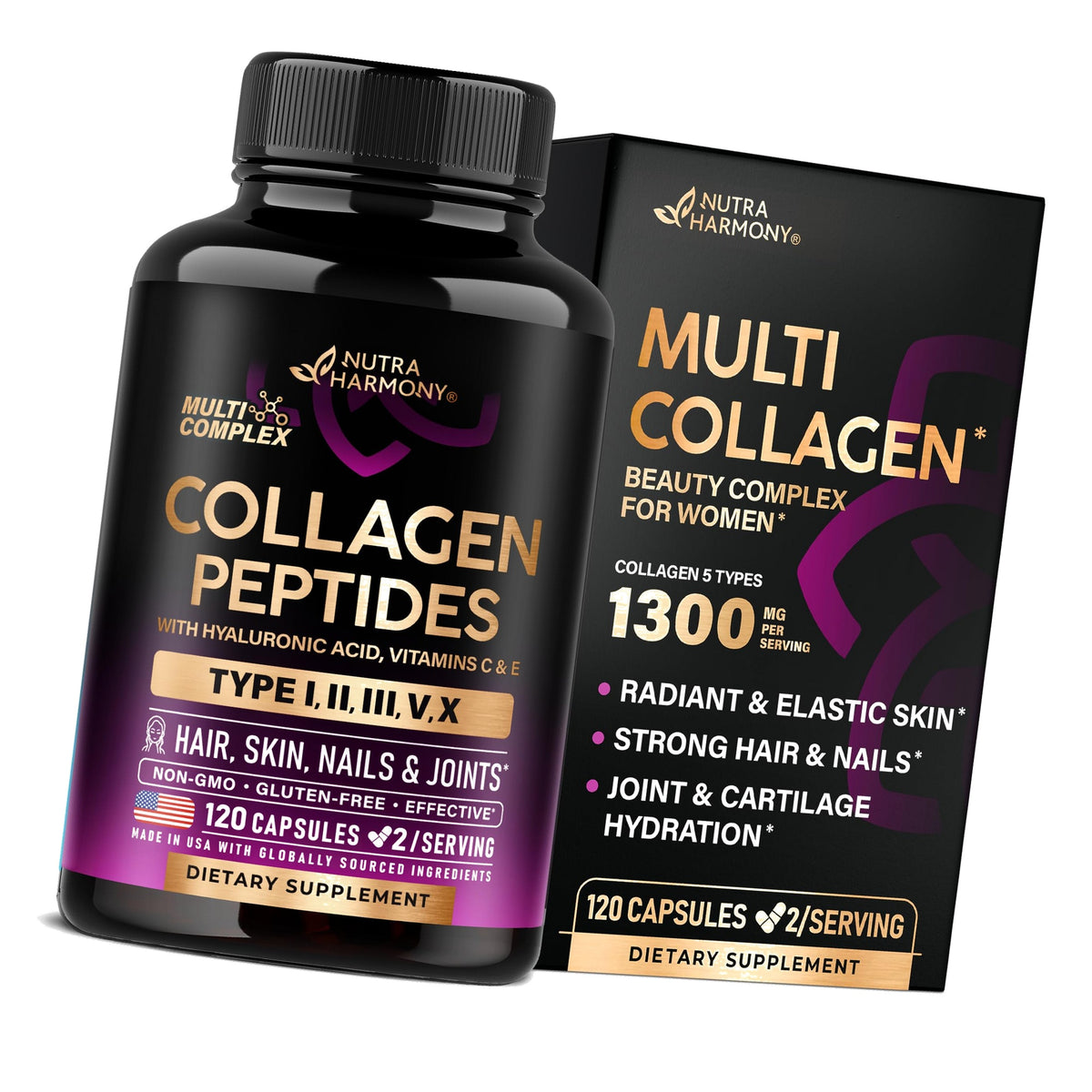 Multi Collagen Peptides 1300mg - Hydrolyzed Types I II III V & X - 120 Caps