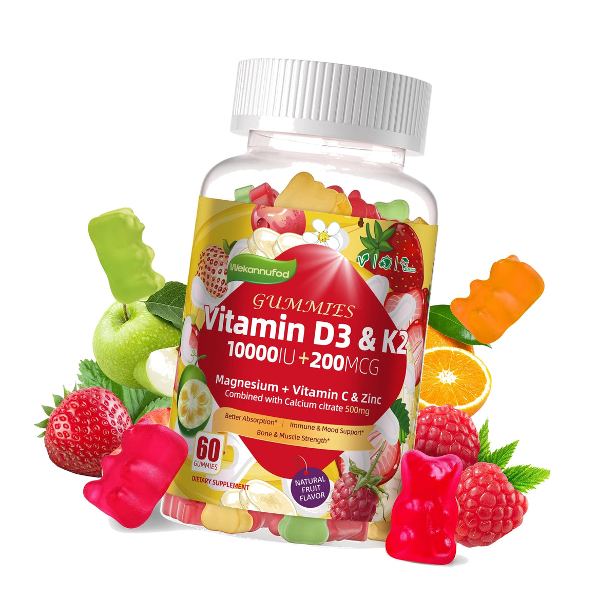 Sugar-Free Vitamin D3 K2 Gummies with Calcium + K2 (MK-7), Magnesium Citrate, Vitamin C, Extra Strength - Ultimate Absorption for Bone Muscle Teeth Immune, Vegan - 60 Gummies