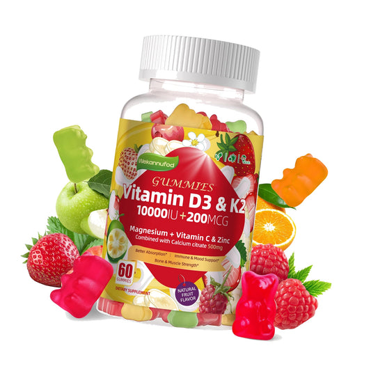 Sugar-Free Vitamin D3 K2 Gummies with Calcium + K2 (MK-7), Magnesium Citrate, Vitamin C, Extra Strength - Ultimate Absorption for Bone Muscle Teeth Immune, Vegan - 60 Gummies