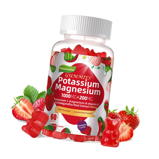 Potassium Magnesium Gummies,High Absorption Magnesium Glycinate,B6,D3,Potassium Citrate for Leg Cramps,Muscle,Electroyte for Adults Kids,Sugar-Free, 60 Gummies (Strawberry Flavor)