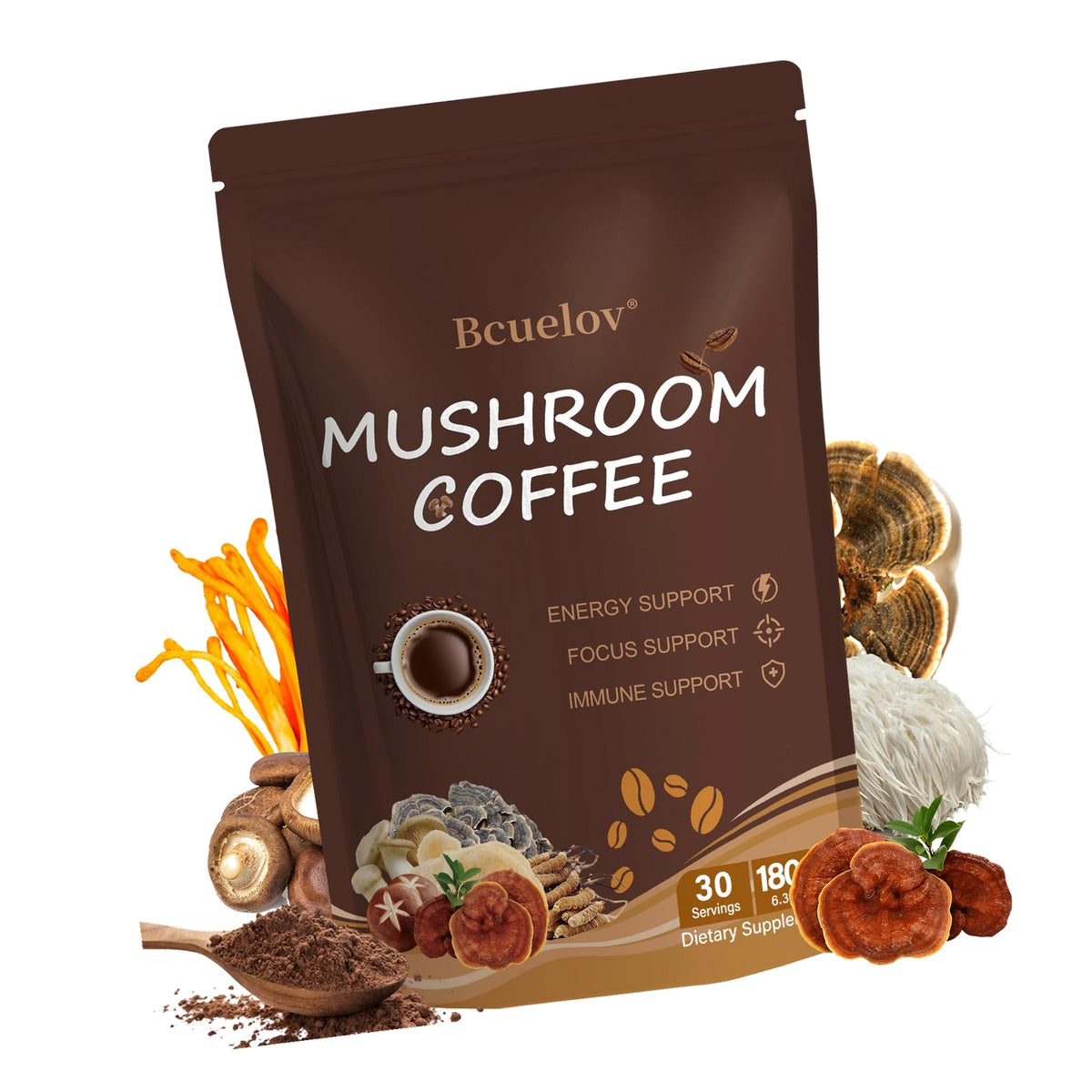 Mushroom Coffee, Medium Roast Adaptogenic Coffee Blend - 30 Servings