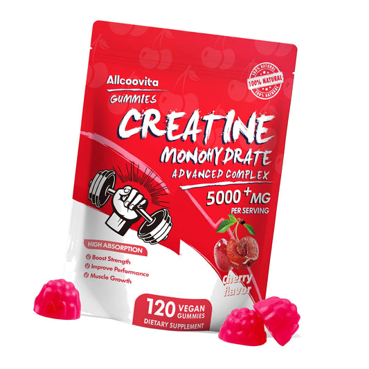 Allcoovita Creatine Monohydrate Gummies 5g for Men & Women. Boost Focus,Strength, and Endurance, Anti-Melting Formula, Vegan, Gluten-Free, Non-GMO,(Cherry 120 ct)