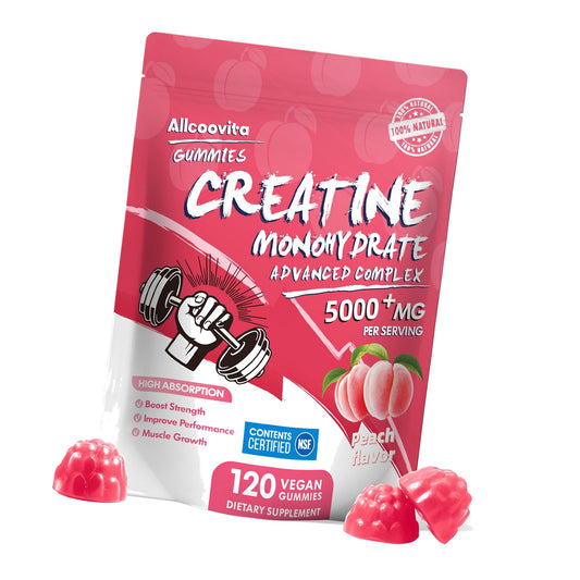 Allcoovita Creatine Monohydrate Gummies 5g for Men & Women. Boost Focus,Strength, and Endurance, Anti-Melting Formula, Vegan, Gluten-Free, Non-GMO,(Peach 120 ct)