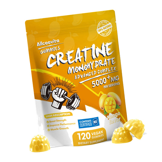 Allcoovita Creatine Monohydrate Gummies 5g for Men & Women. Boost Focus,Strength, and Endurance, Anti-Melting Formula, Vegan, Gluten-Free, Non-GMO,(Mango 120 ct)