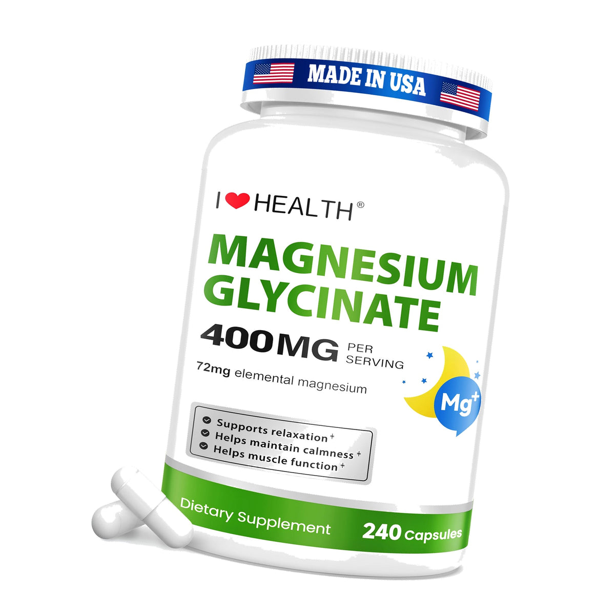 Magnesium Glycinate 400mg per Capsule – 240 Capsules – High Absorption Magnesium Supplement for Relaxation, Calmness & Muscle Support – Gentle on Stomach - for Men and Women – Made in USA