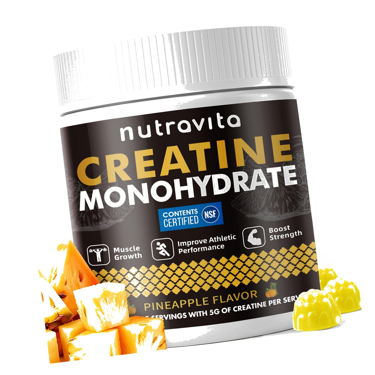 Creatine Monohydrate Gummies, NSF Certified, 5g Dose for Men & Women to Support Muscle, Strength, Recovery, Cognitive Health & Memory, Pineapple Flavor