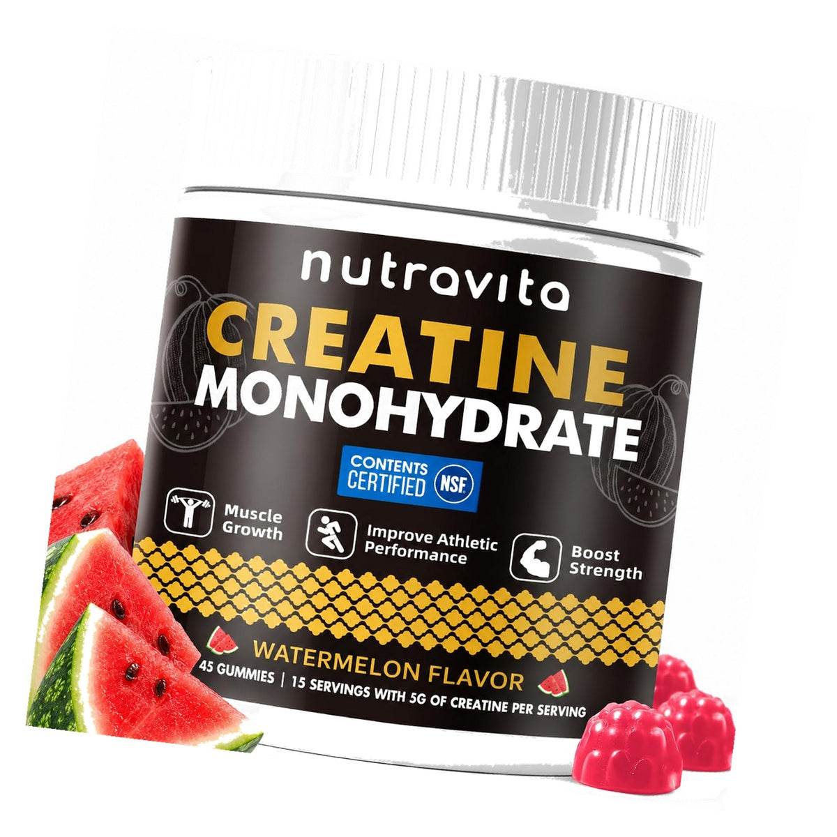 Creatine Monohydrate Gummies, NSF Certified, 5g Dose for Men & Women to Support Muscle, Strength, Recovery, Cognitive Health & Memory, Watermelon Flavor