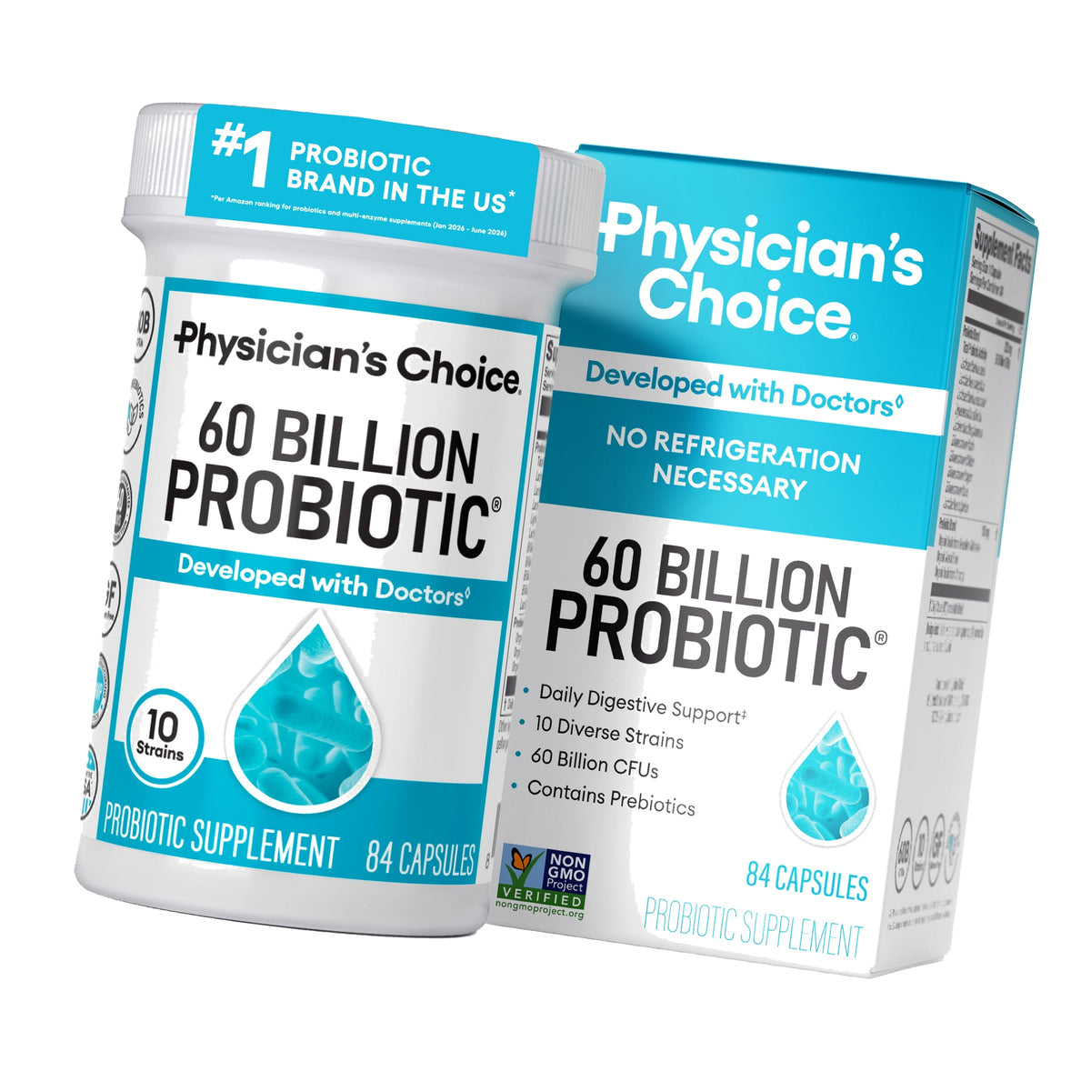 Physician's CHOICE Probiotics 60 Billion CFU - 10 Strains + Organic Prebiotics - Immune, Digestive & Gut Health - Supports Occasional Constipation, Diarrhea, Gas & Bloating - for Women & Men - 84ct