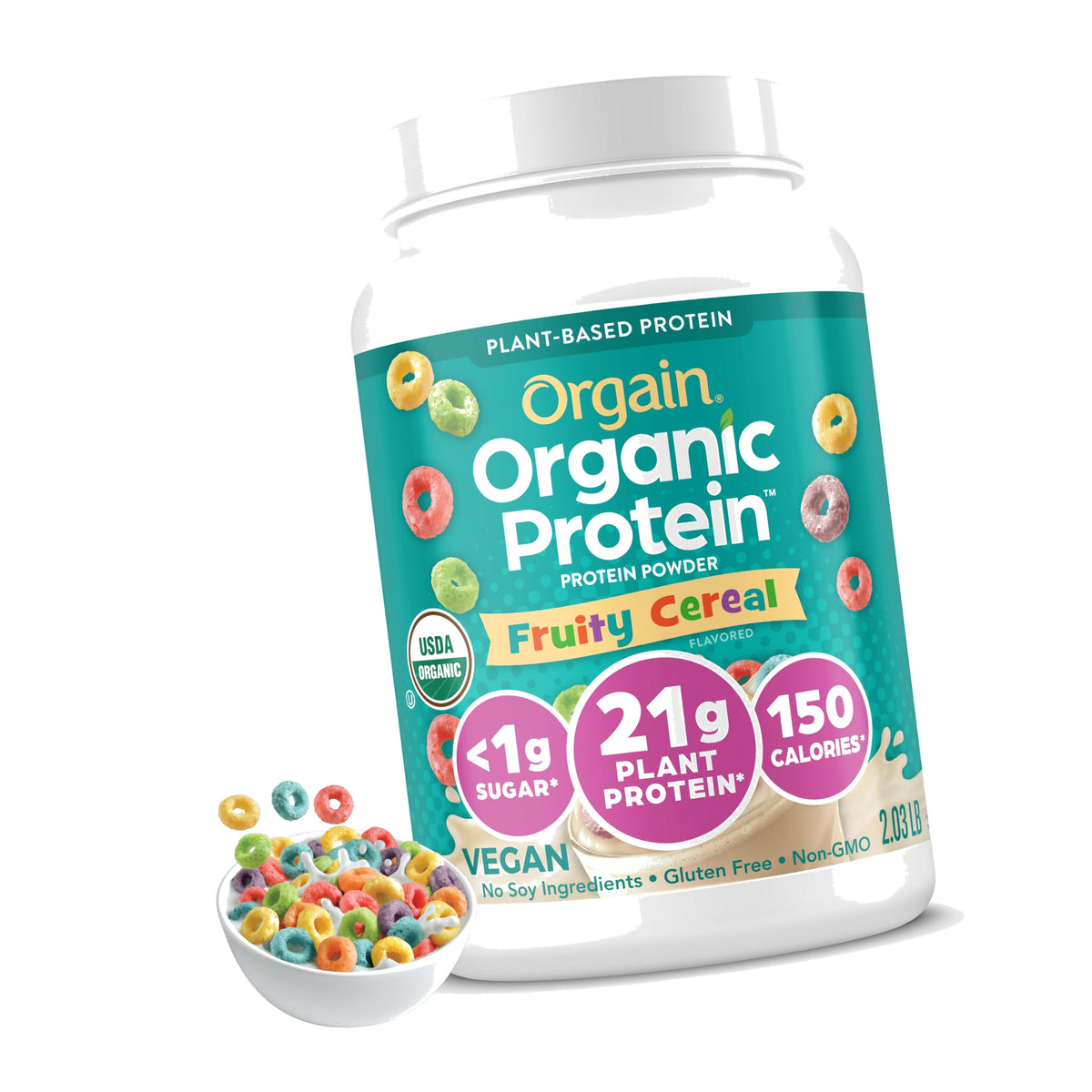 Orgain Organic Vegan 21g Protein Powder, Fruity Cereal, 2.03 lb