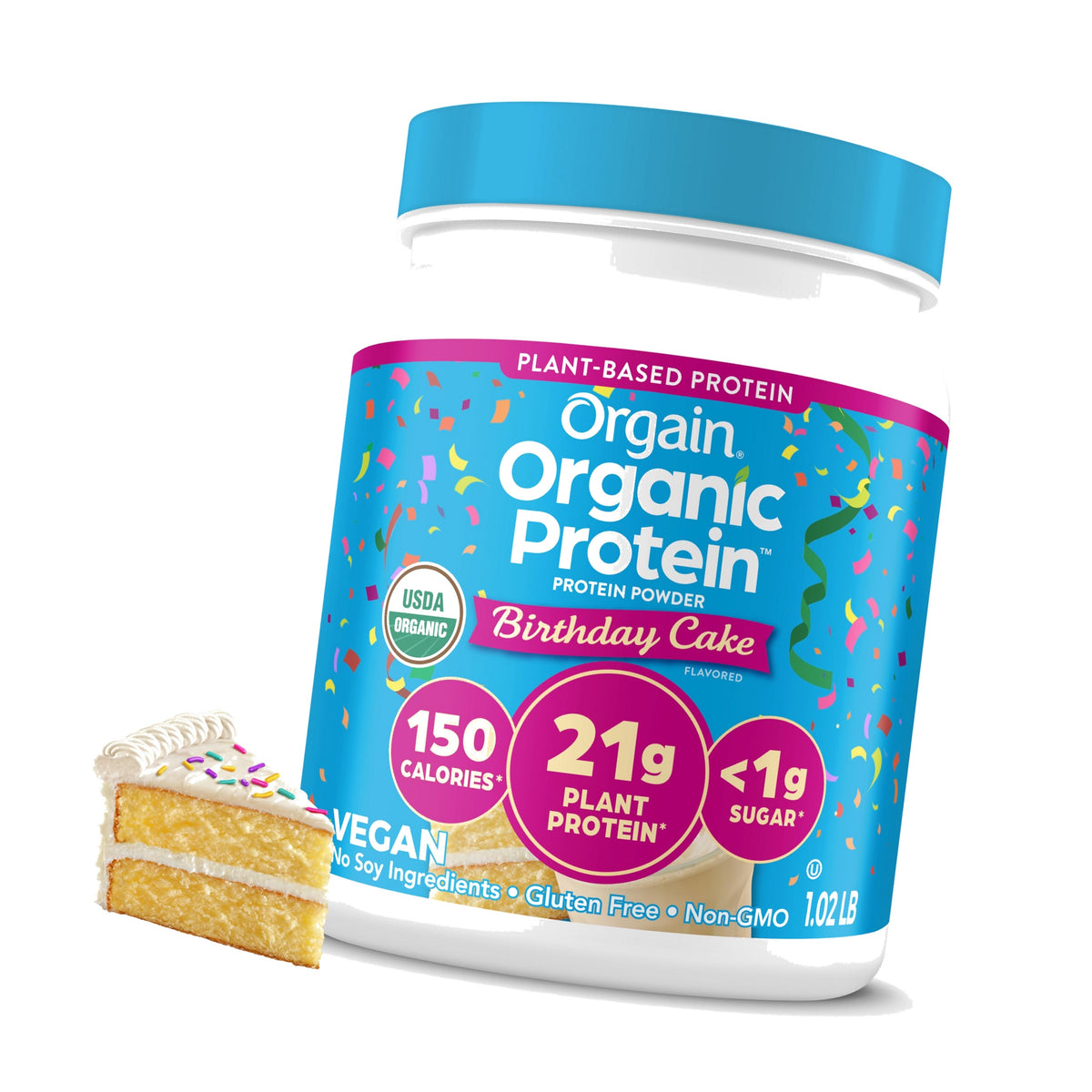 Orgain Organic Vegan 21g Protein Powder, Birthday Cake, 1.02 lb