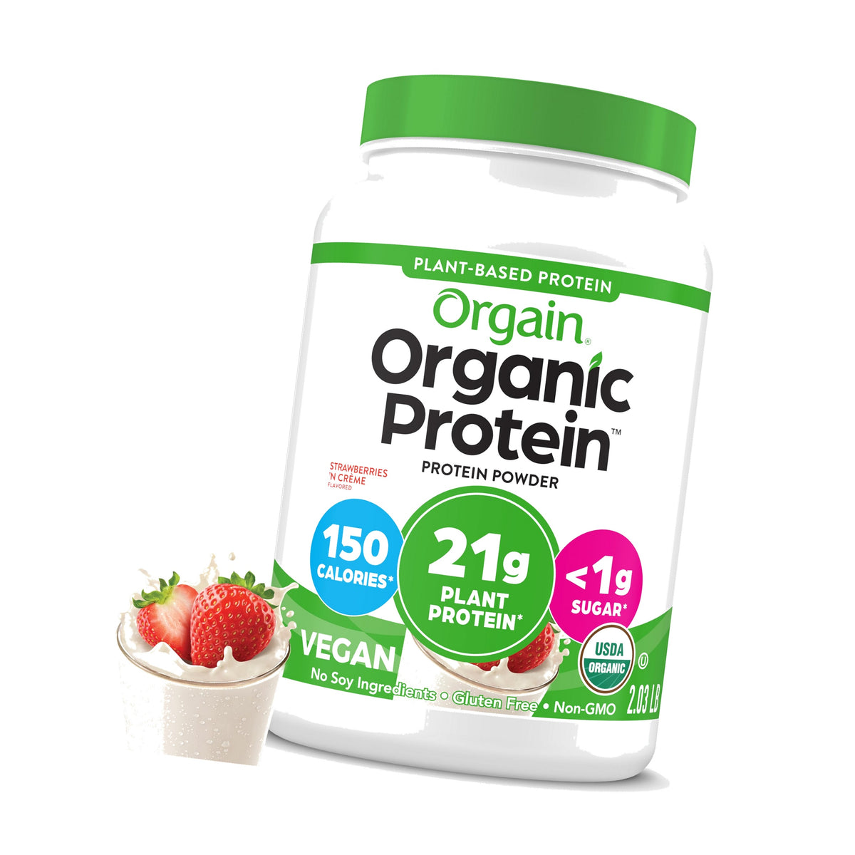 Orgain Organic Vegan 21g Protein Powder, Strawberries & Cream, 2.03 lb