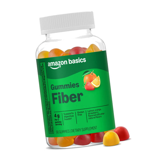 Amazon Basics Fiber 4g Gummy - Digestive Health, Supports Regularity, Orange, Lemon & Strawberry, 90 Gummies (2 per Serving), Packaging May Vary