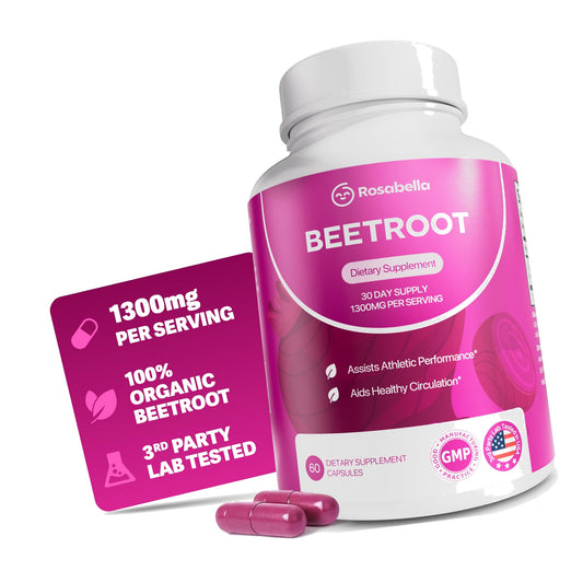 Rosabella Organic Beet Root Capsules - 1300mg Beet Root Powder Aids Healthy Circulation & Vitality, Non-GMO, Beet Root Supplement - 60 Capsules, 30-Day Supply
