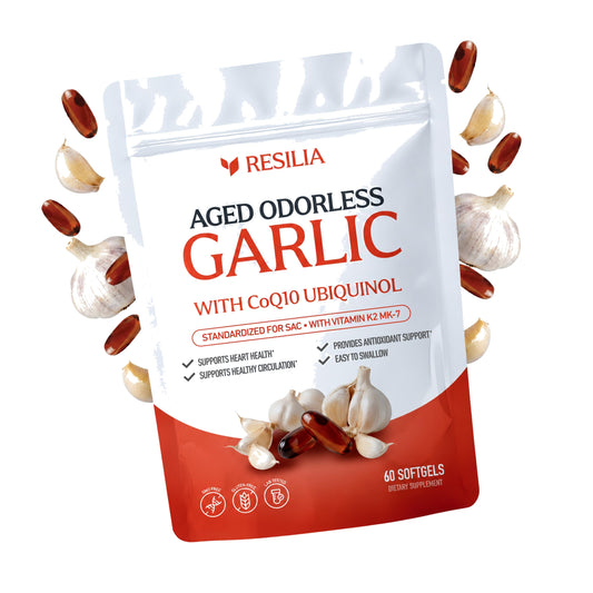 Resilia Odorless Aged Garlic Softgels (60 Count) | 1200mg Aged Garlic Per Serving | with CoQ10 Ubiquinol & Vitamin K2 (MK-7) | Dietary Supplement