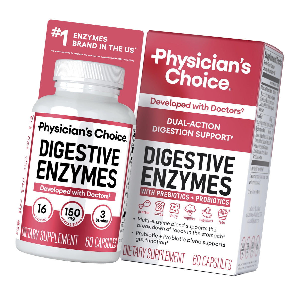 Physician's CHOICE Digestive Enzymes for Bloating & Digestion - Fast-Acting 16 Enzyme Formula with Organic Prebiotics & Probiotics for Gut & Digestive Health - Meal Time Discomfort Relief - 60 CT