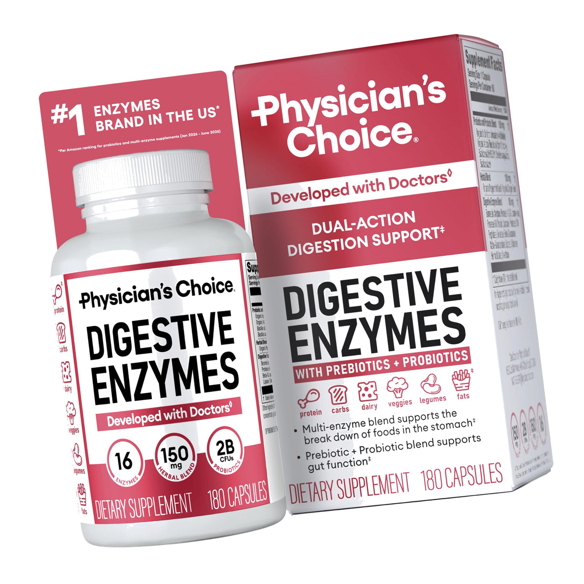 Physician's CHOICE Digestive Enzymes for Bloating & Digestion - Fast-Acting 16 Enzyme Formula with Organic Prebiotics & Probiotics for Gut & Digestive Health - Meal Time Discomfort Relief - 180 CT